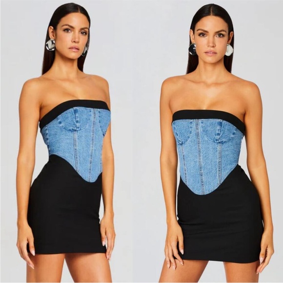 SER.O.YA Strapless Blue and Black Dress - Picture 1 of 9